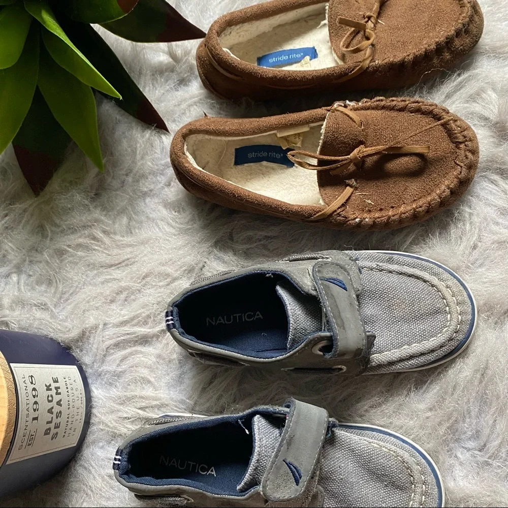 Nautica Toddler Boat Shoes Gray Blue Hook Loop Size 9 + Moccasins Lot